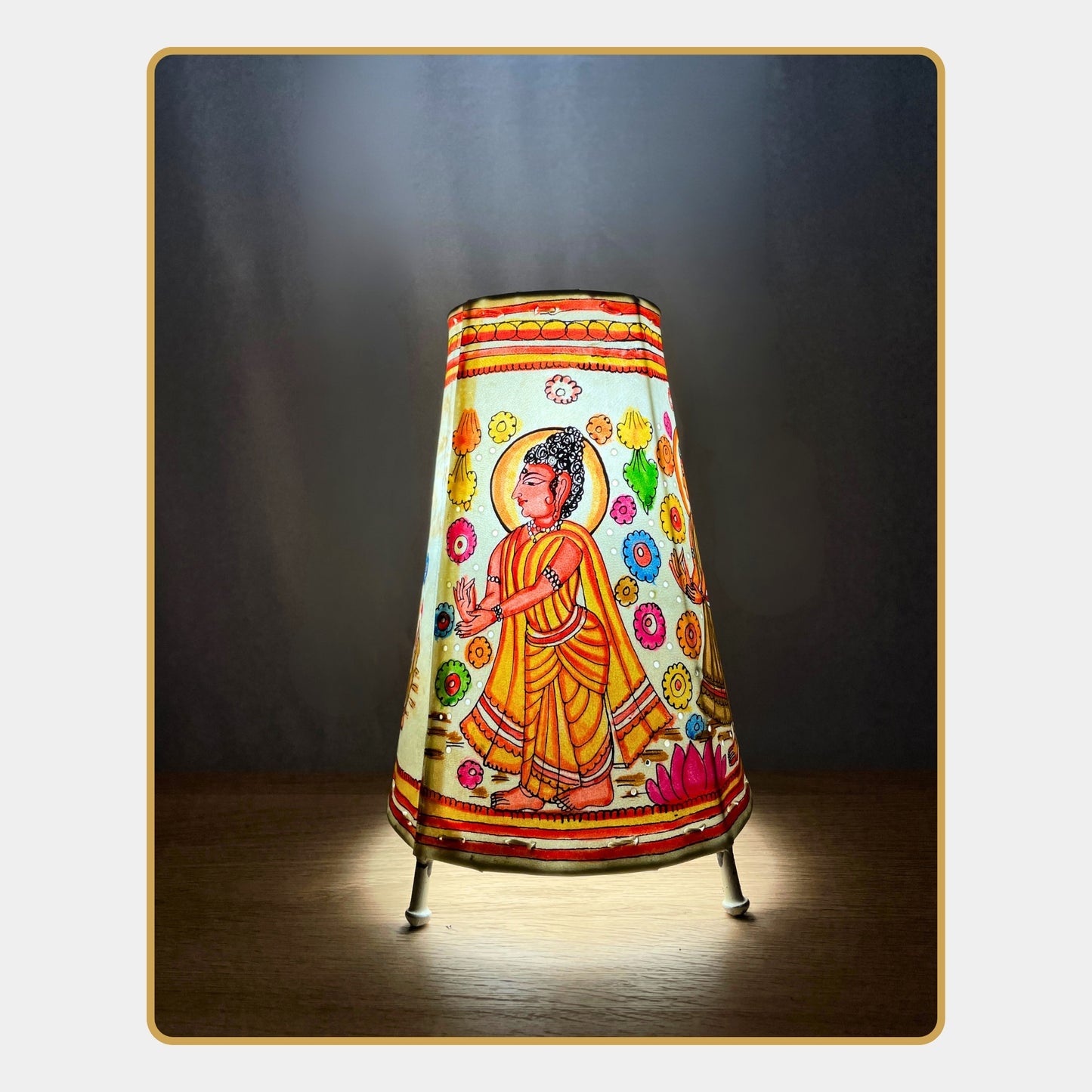 tholu bommalata lamp – lord buddha with floral motifs  (8" - conical)