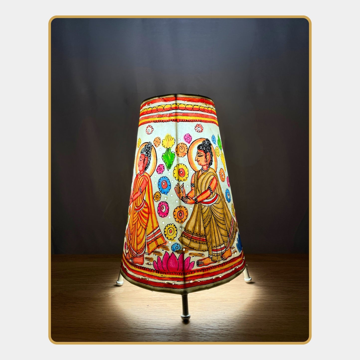 tholu bommalata lamp – lord buddha with floral motifs  (8" - conical)