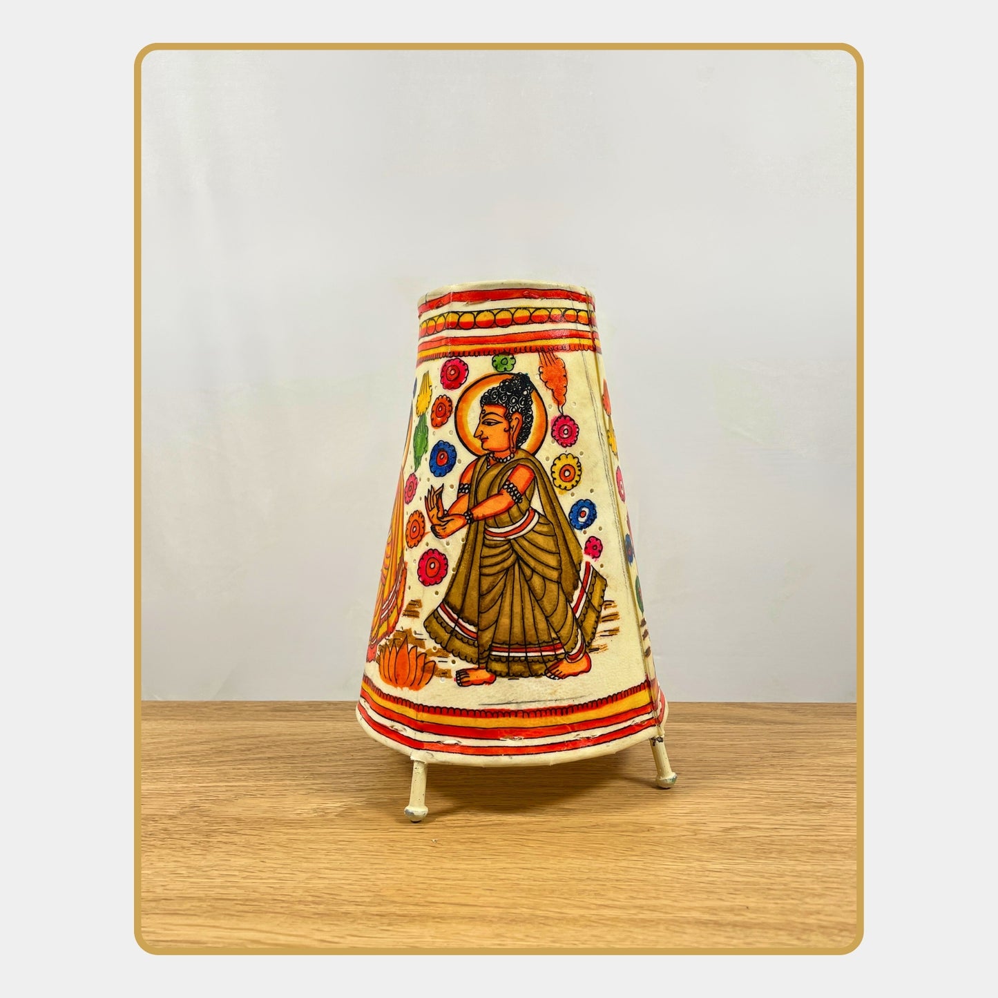 tholu bommalata lamp – lord buddha with floral motifs  (8" - conical)
