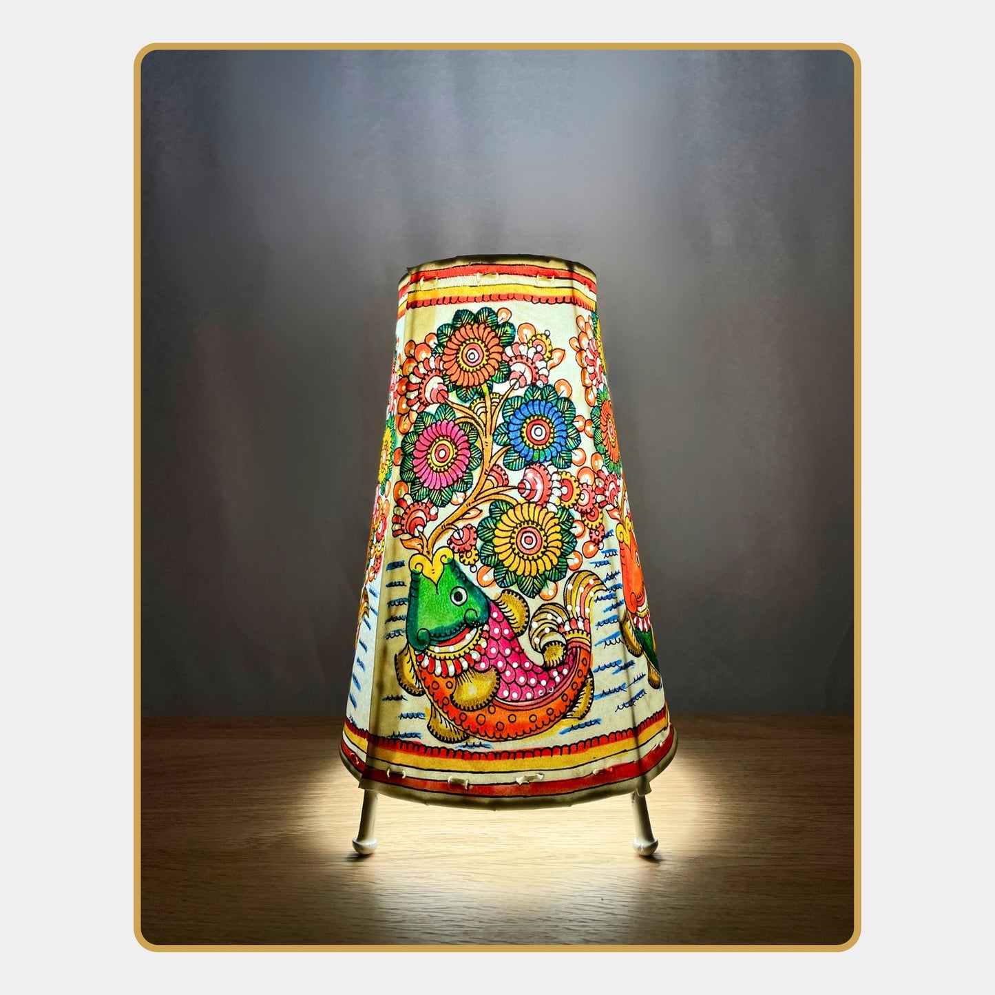 tholu bommalata leather lamp – fish with floral tree  (8" - conical)