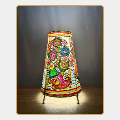 Tholu Bommalata Leather Lamp – Fish with Floral Tree  (8" - Conical)