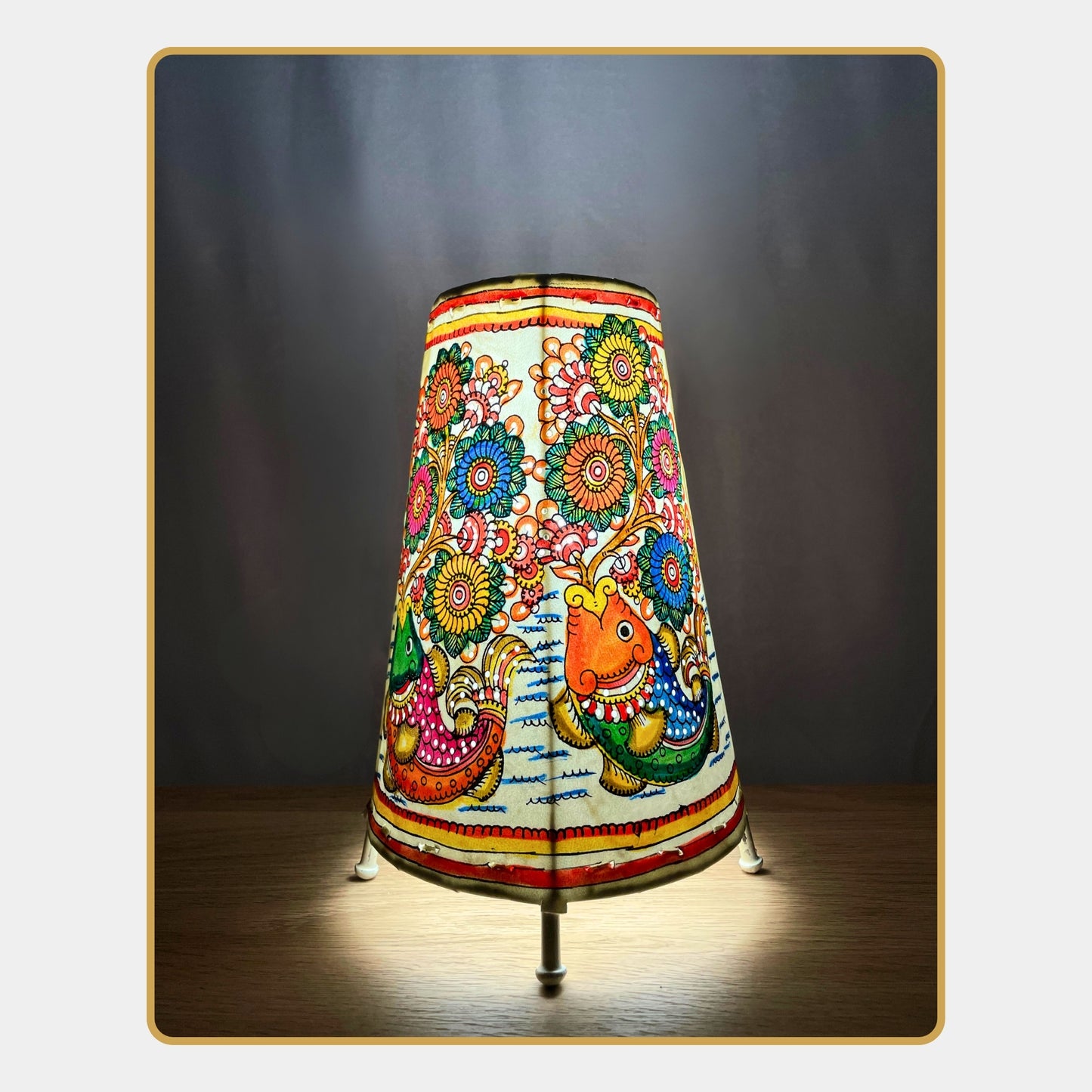 tholu bommalata leather lamp – fish with floral tree  (8" - conical)