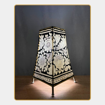 Tholu Bommalata Lamp – Monochrome Mandala Blooms  (8" - Rectangular)