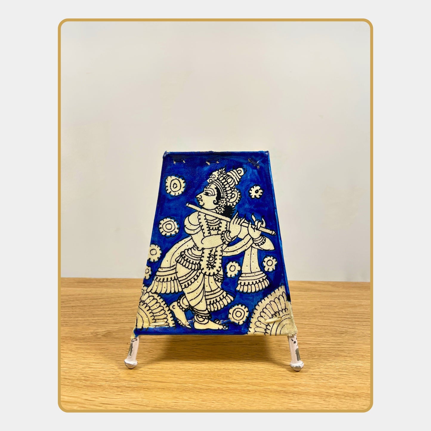 tholu bommalata lamp – radha krishna in white line art on deep indigo background  (5" - rectangular)