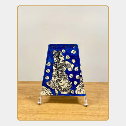 Tholu Bommalata Lamp – Radha Krishna in white line art on deep indigo background  (5" - Rectangular)