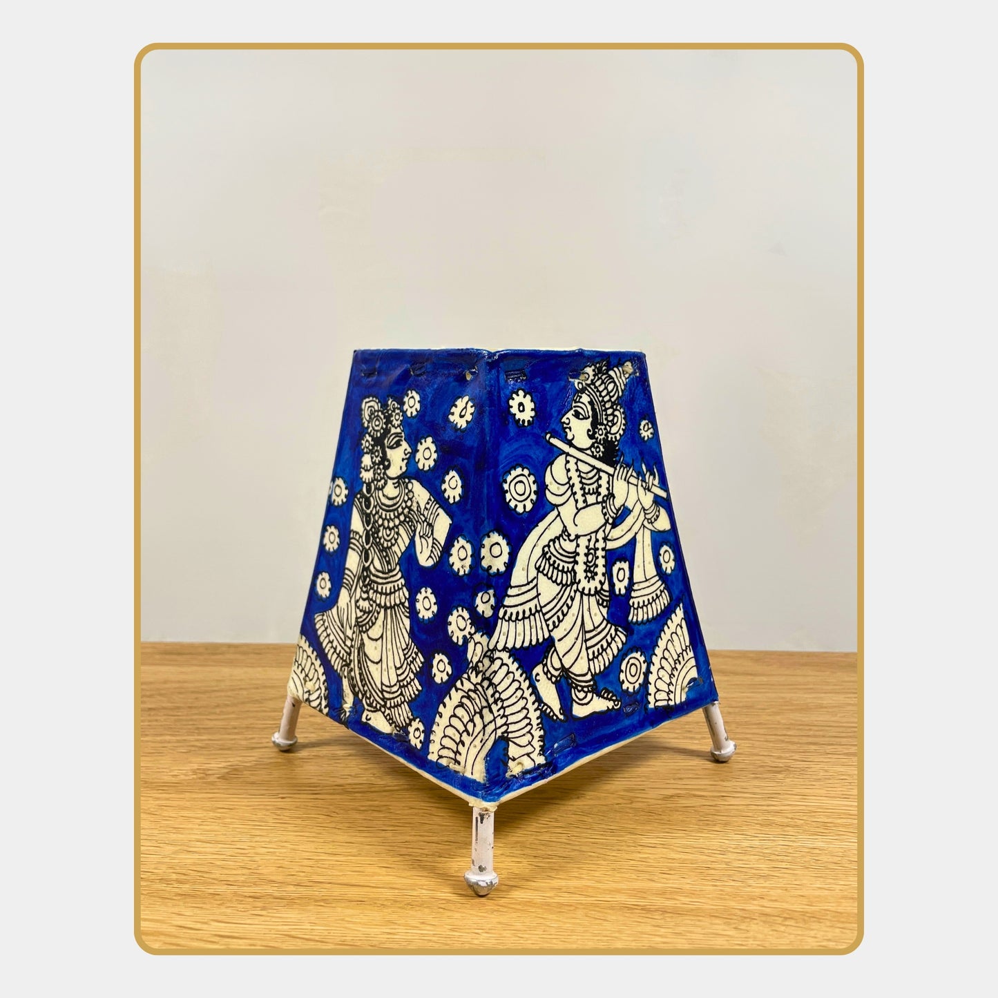 tholu bommalata lamp – radha krishna in white line art on deep indigo background  (5" - rectangular)