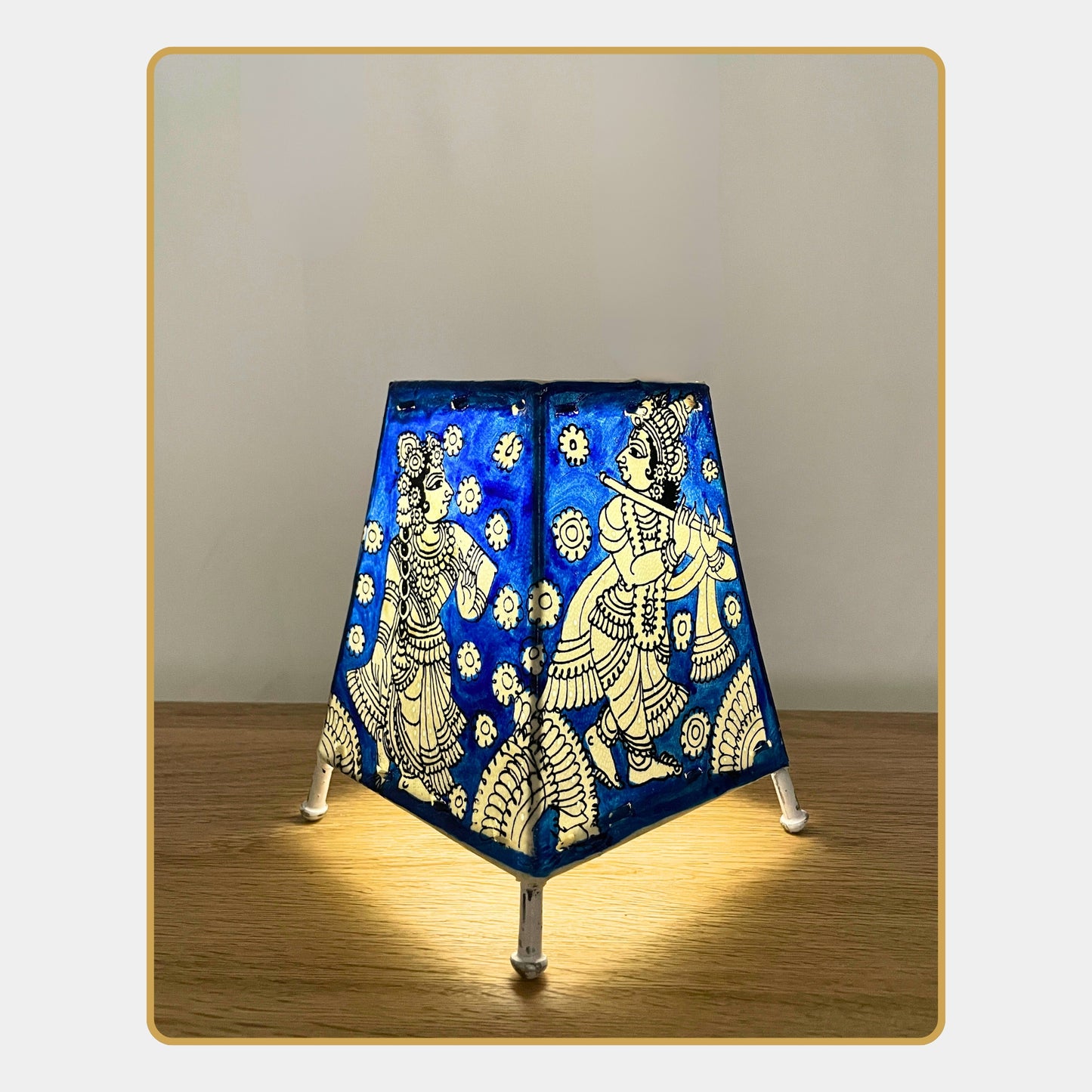 tholu bommalata lamp – radha krishna in white line art on deep indigo background  (5" - rectangular)
