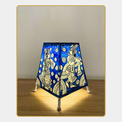 Tholu Bommalata Lamp – Radha Krishna in white line art on deep indigo background  (5" - Rectangular)