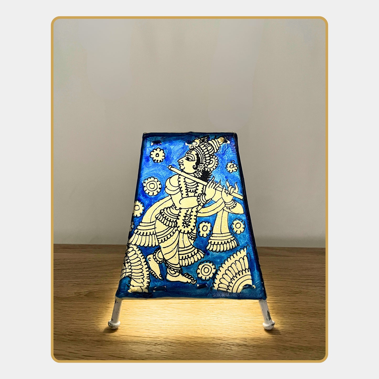 tholu bommalata lamp – radha krishna in white line art on deep indigo background  (5" - rectangular)