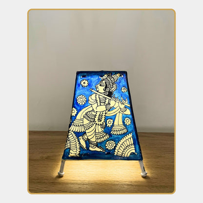 Tholu Bommalata Lamp – Radha Krishna in white line art on deep indigo background  (5" - Rectangular)