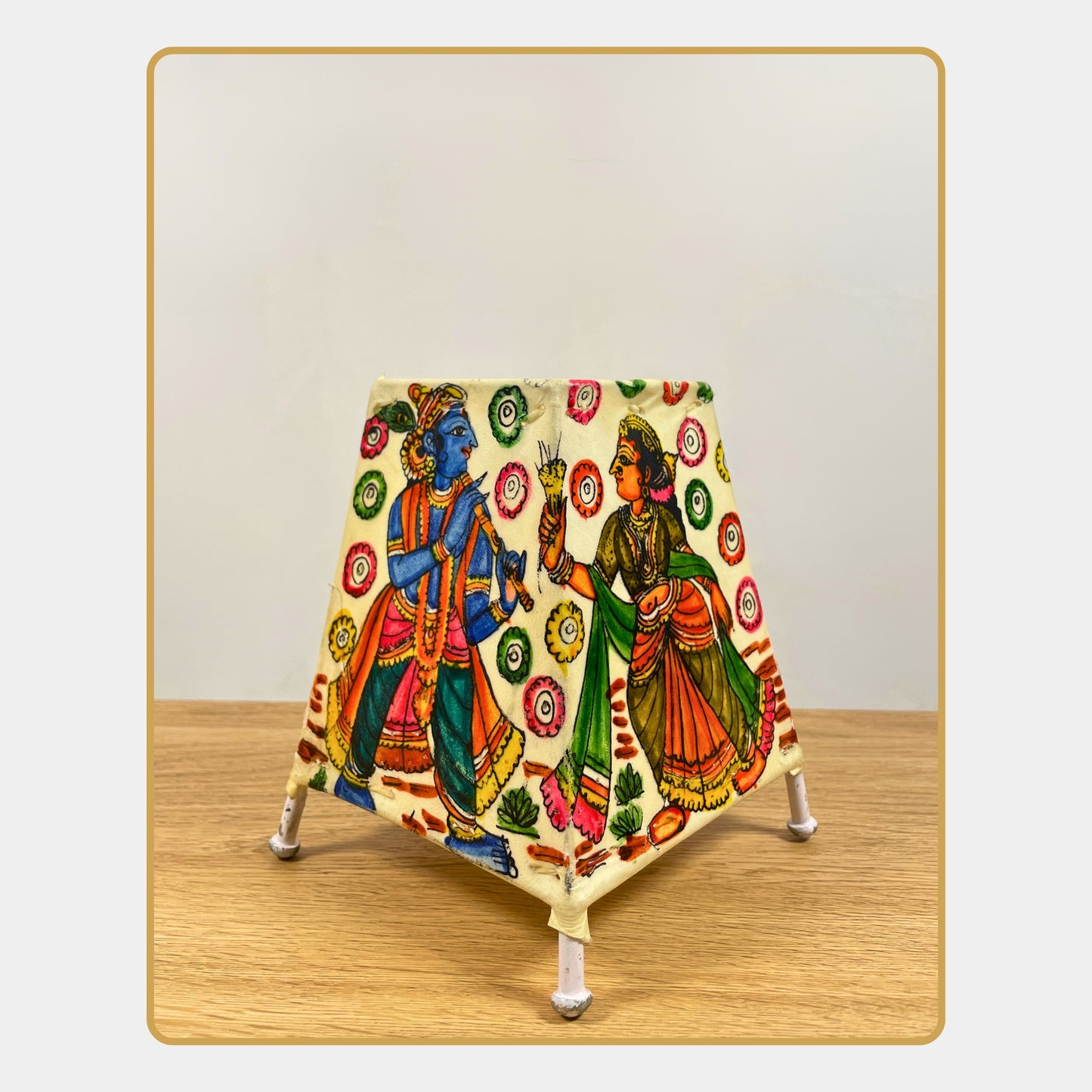 tholu bommalata lamp – krishna and radha in conversation with floral backdrop  (5" - rectangular)