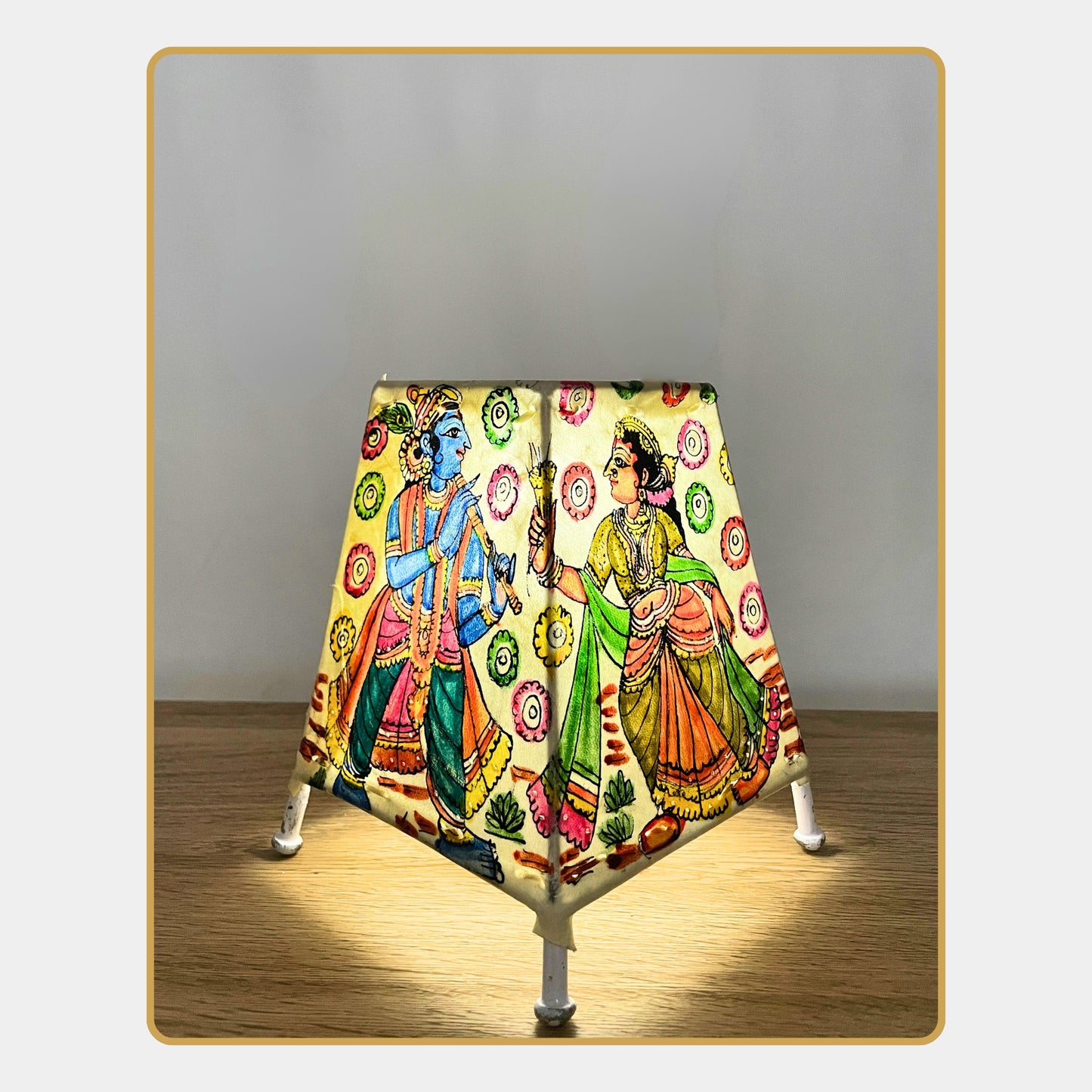 tholu bommalata lamp – krishna and radha in conversation with floral backdrop  (5" - rectangular)