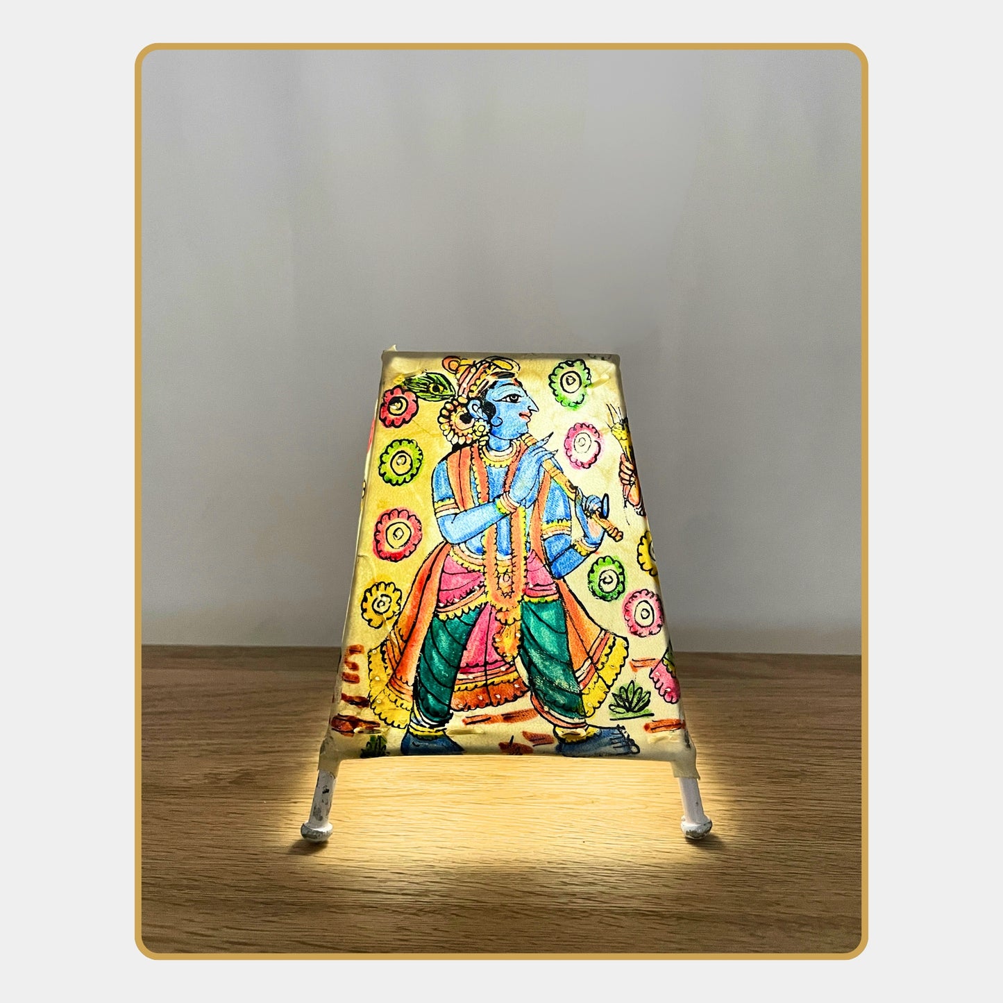 tholu bommalata lamp – krishna and radha in conversation with floral backdrop  (5" - rectangular)