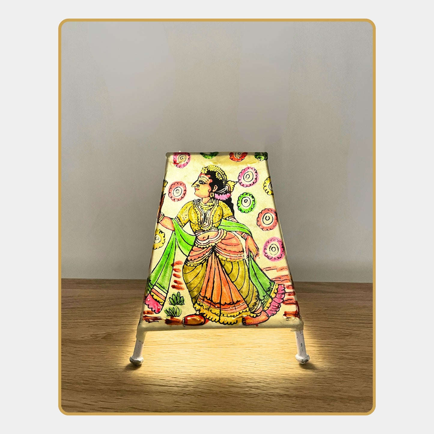 tholu bommalata lamp – krishna and radha in conversation with floral backdrop  (5" - rectangular)