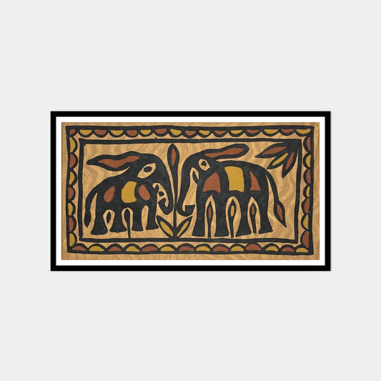 Sohrai Tribal Art – Twin Elephants Motif | Hand-Painted Wall Art from Jharkhand (Unframed)