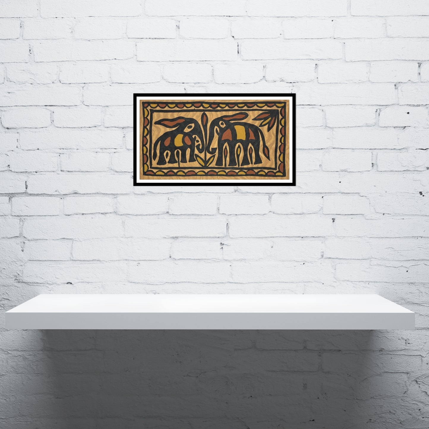 sohrai tribal art – twin elephants motif | hand-painted wall art from jharkhand (unframed)