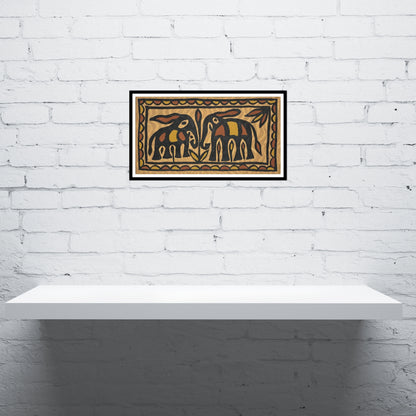 Sohrai Tribal Art – Twin Elephants Motif | Hand-Painted Wall Art from Jharkhand (Unframed)
