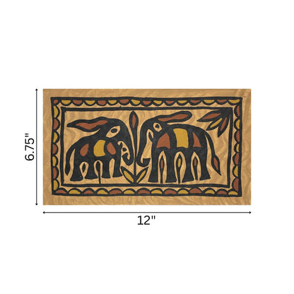 Sohrai Tribal Art – Twin Elephants Motif | Hand-Painted Wall Art from Jharkhand (Unframed)