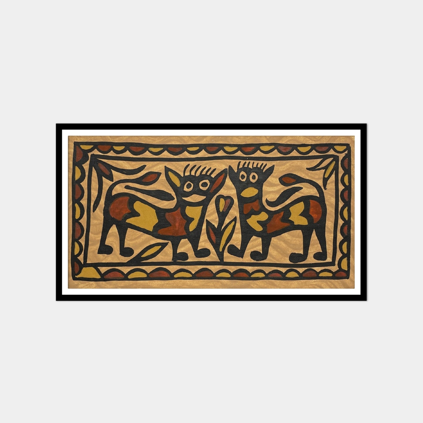 sohrai tribal art – twin jungle cats motif | hand-painted folk wall art from jharkhand (unframed)