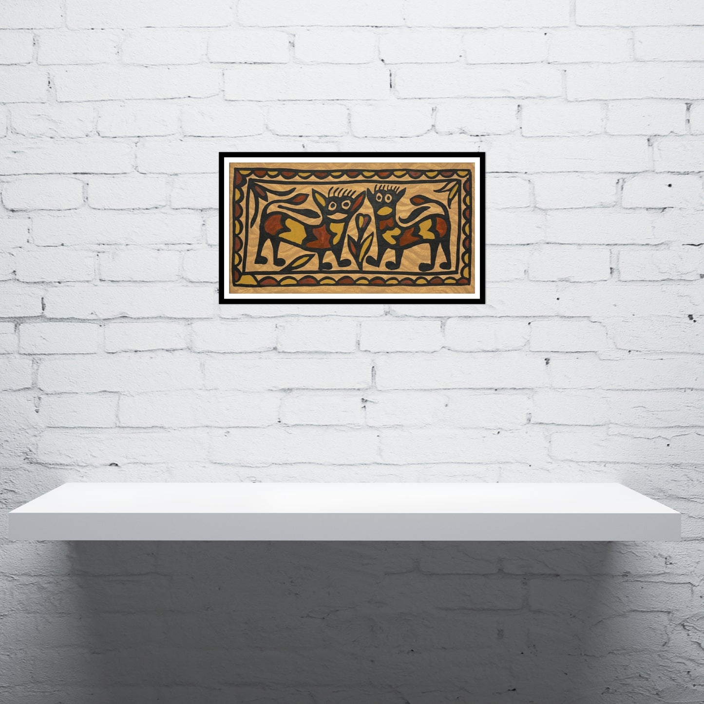 sohrai tribal art – twin jungle cats motif | hand-painted folk wall art from jharkhand (unframed)