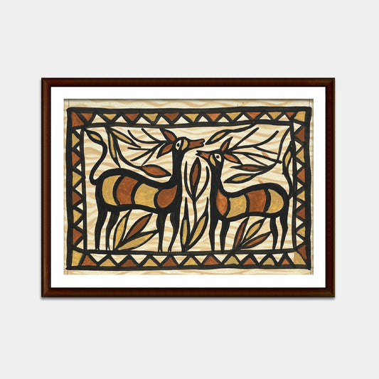 Sohrai Sohrai Art – Twin Deer Painting | Hand-Painted Tribal Wall Décor (Unframed)