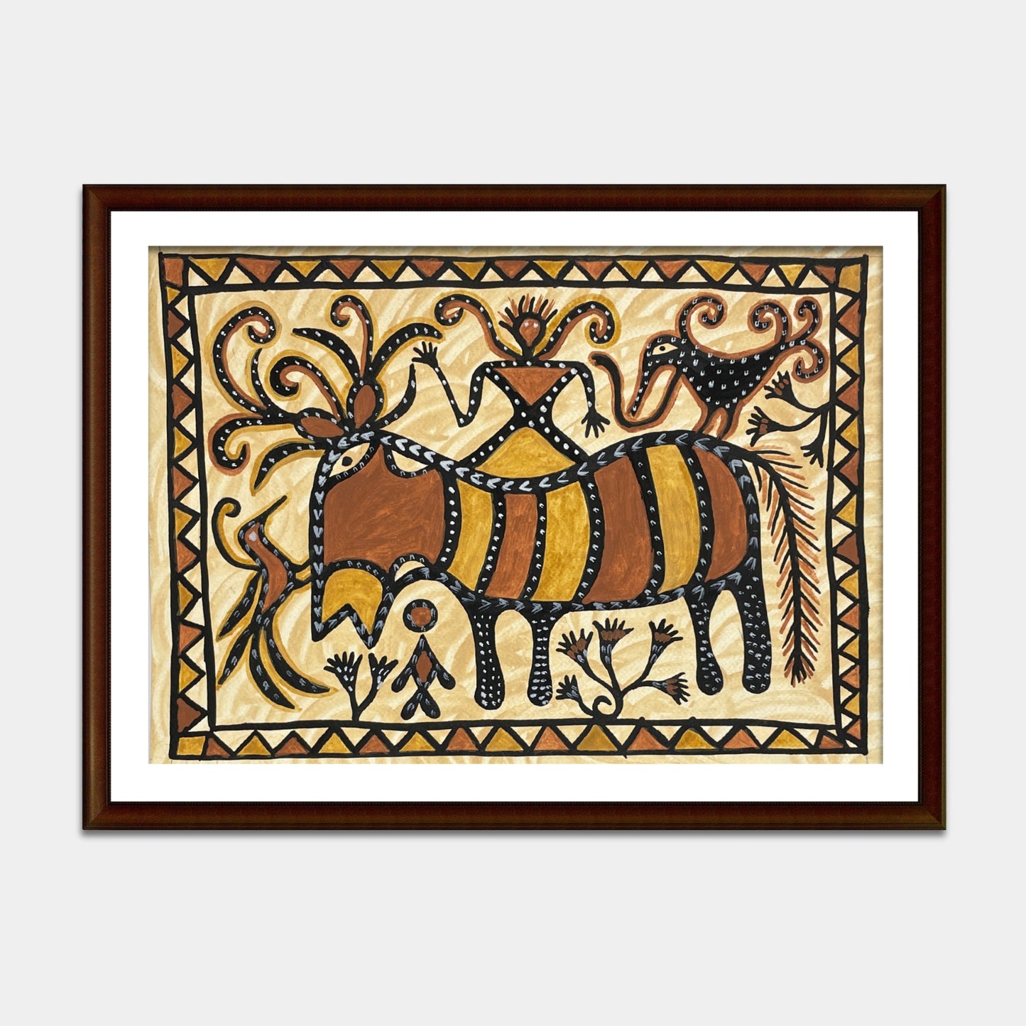 sohrai tribal art – divine pashupatinath (lord of animals) | hand-painted folk wall art (unframed)