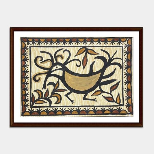 Hand-Painted Sohrai Art – Tribal Bird Motif