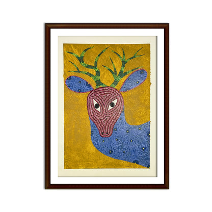 Tribal Deer Portrait: Authentic Bhil Painting on Ochre (Unframed)