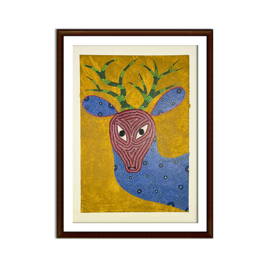 Tribal Deer Portrait: Authentic Bhil Painting on Ochre (Unframed)