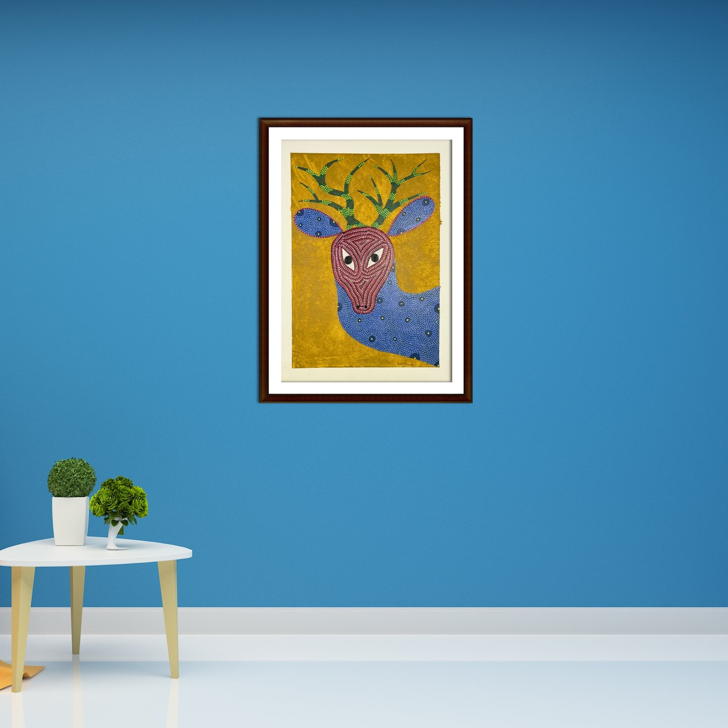 tribal deer portrait: authentic bhil painting on ochre (unframed)