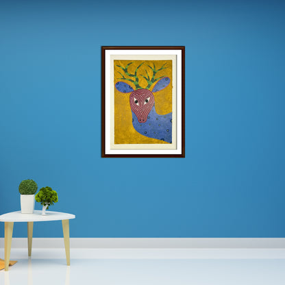 Tribal Deer Portrait: Authentic Bhil Painting on Ochre (Unframed)