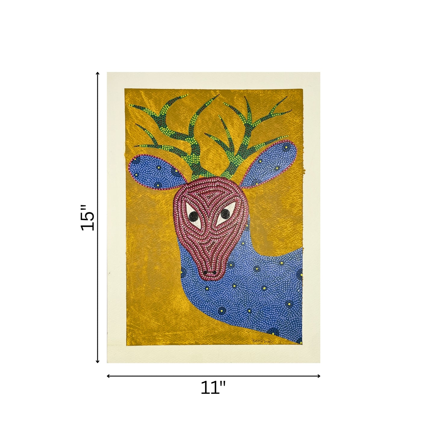 tribal deer portrait: authentic bhil painting on ochre (unframed)