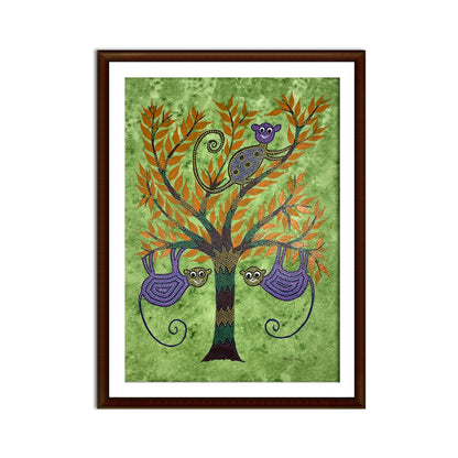 Tree of Life: Bhil Monkey Motif Hand-Painted Art (Unframed)