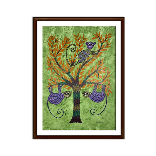 Tree of Life: Bhil Monkey Motif Hand-Painted Art (Unframed)