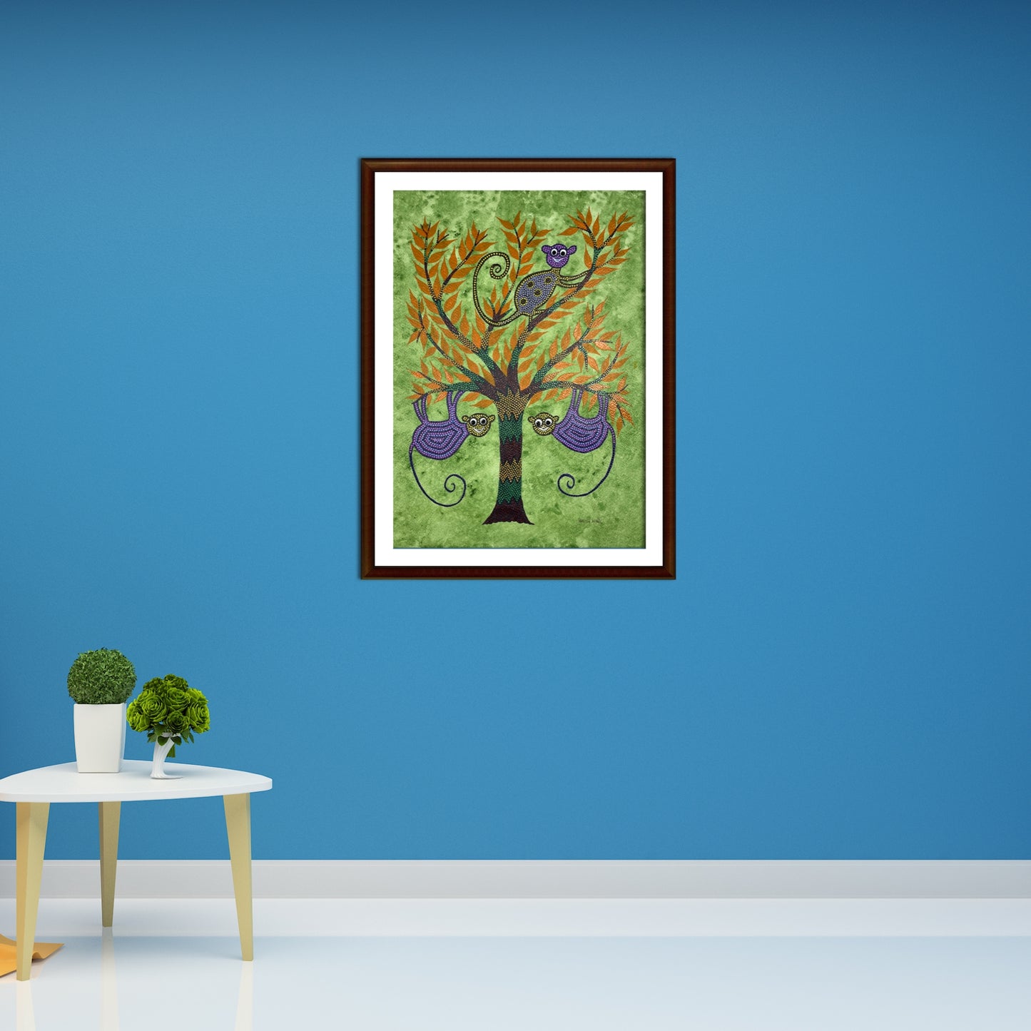 tree of life: bhil monkey motif hand-painted art (unframed)