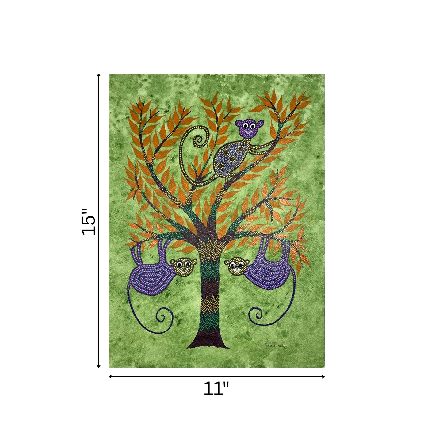 tree of life: bhil monkey motif hand-painted art (unframed)