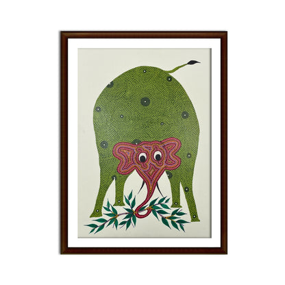 The Majestic Green Elephant: Hand-Painted Bhil Art (Unframed)