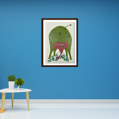 The Majestic Green Elephant: Hand-Painted Bhil Art (Unframed)