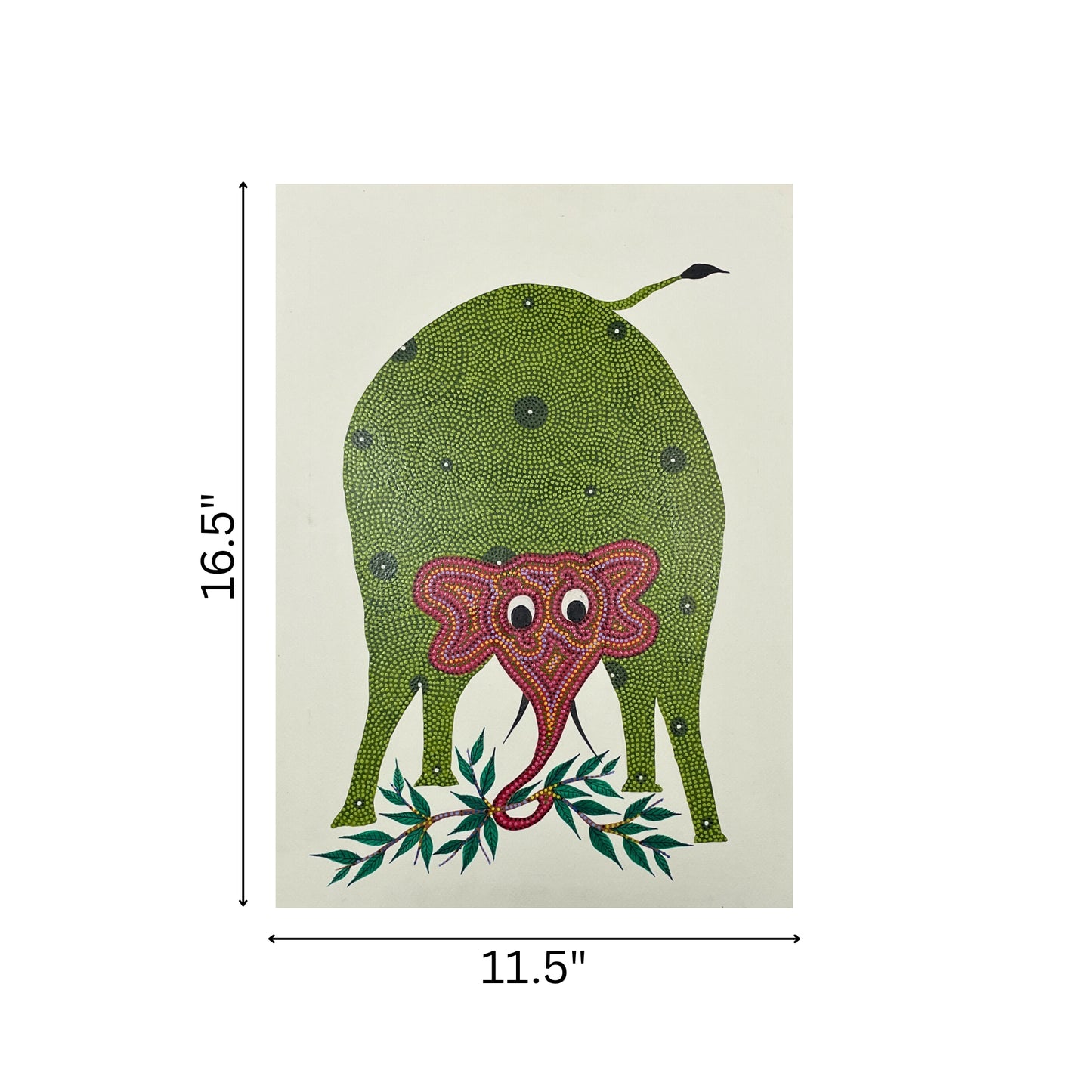 the majestic green elephant: hand-painted bhil art (unframed)