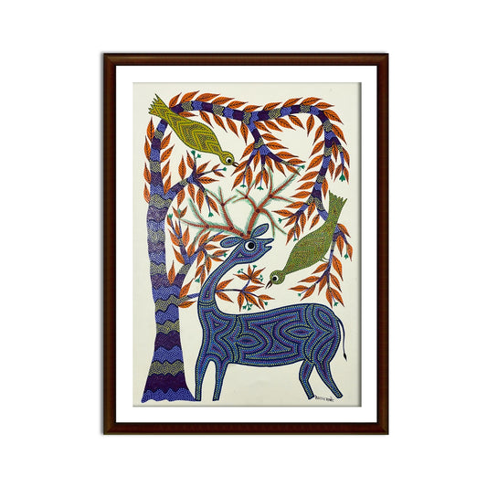 Forest Harmony: Bhil Deer and Birds Tribal Painting (Unframed)