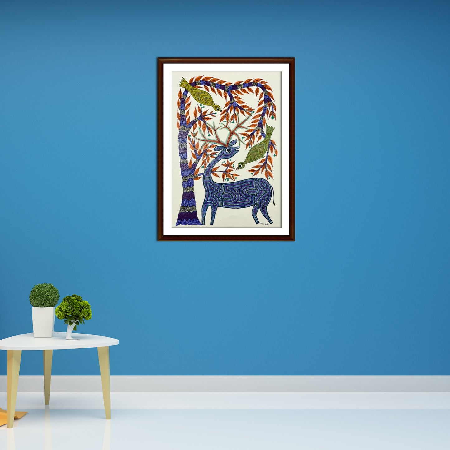 forest harmony: bhil deer and birds tribal painting (unframed)