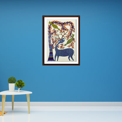 Forest Harmony: Bhil Deer and Birds Tribal Painting (Unframed)