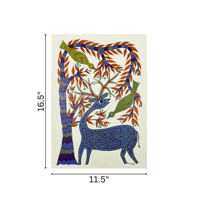 Forest Harmony: Bhil Deer and Birds Tribal Painting (Unframed)