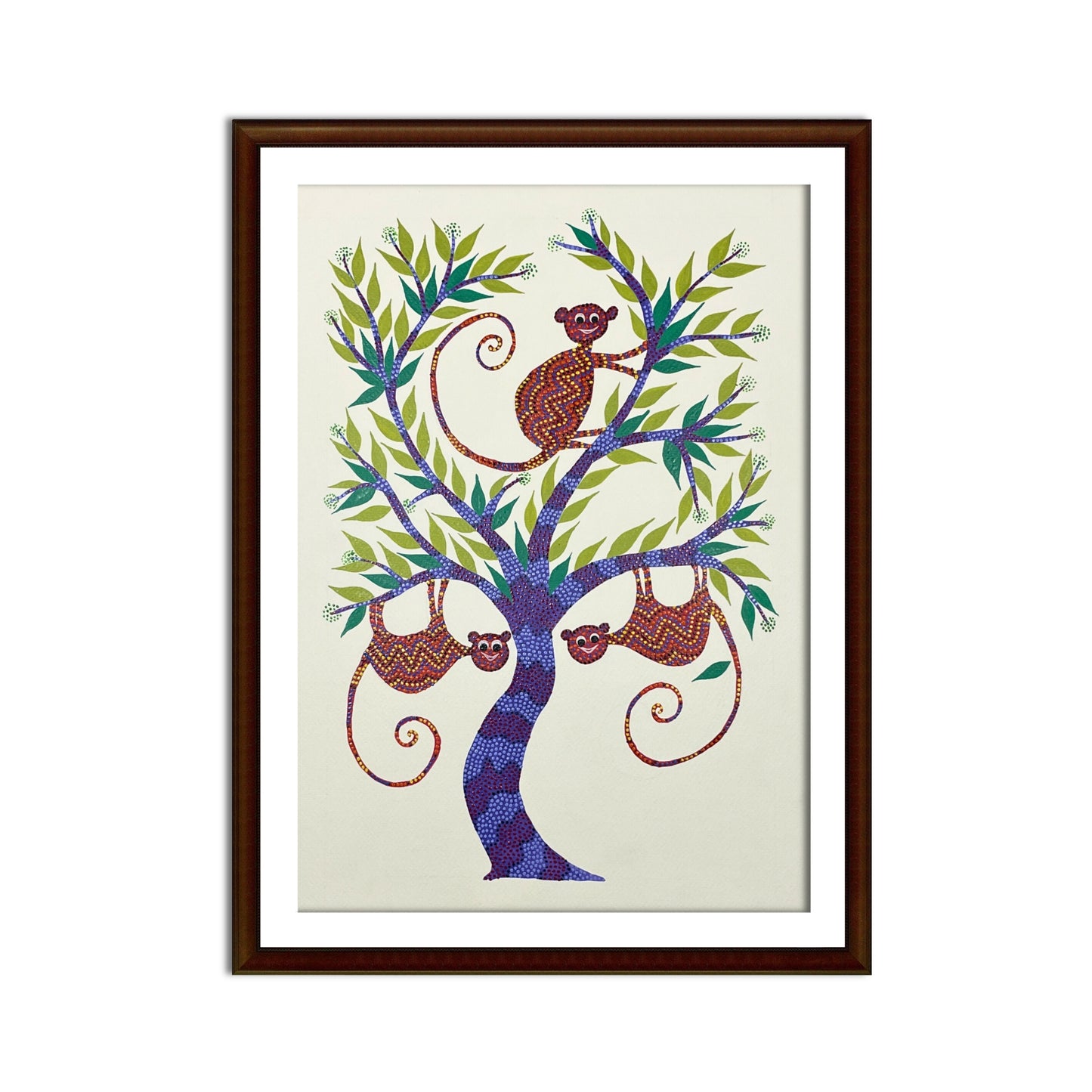 playful monkeys on blue tree - authentic hand-painted bhil art on paper (unframed)