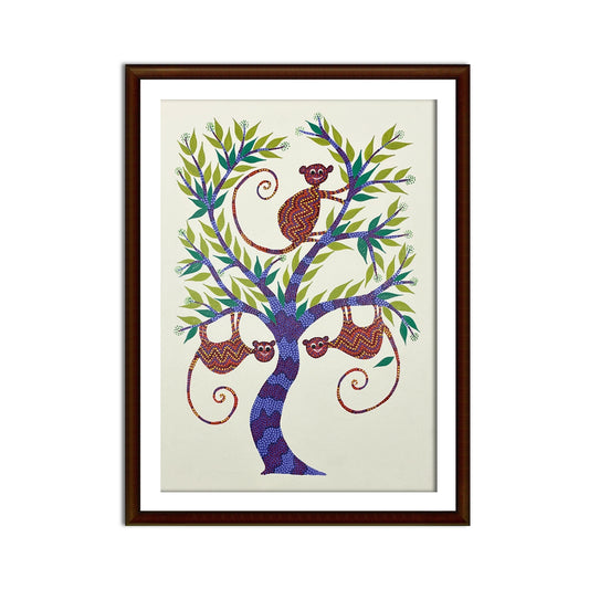 Playful Monkeys on Blue Tree - Authentic Hand-Painted Bhil Art on Paper (Unframed)