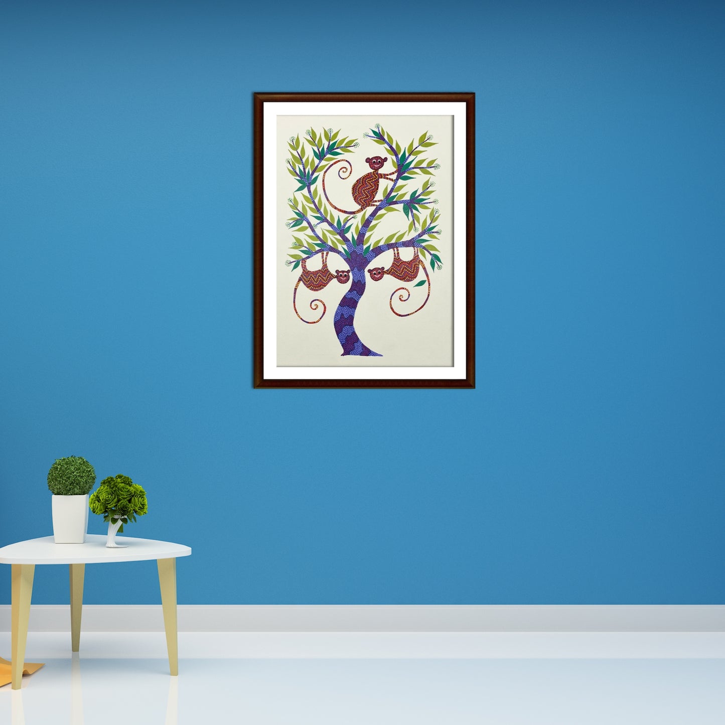 playful monkeys on blue tree - authentic hand-painted bhil art on paper (unframed)