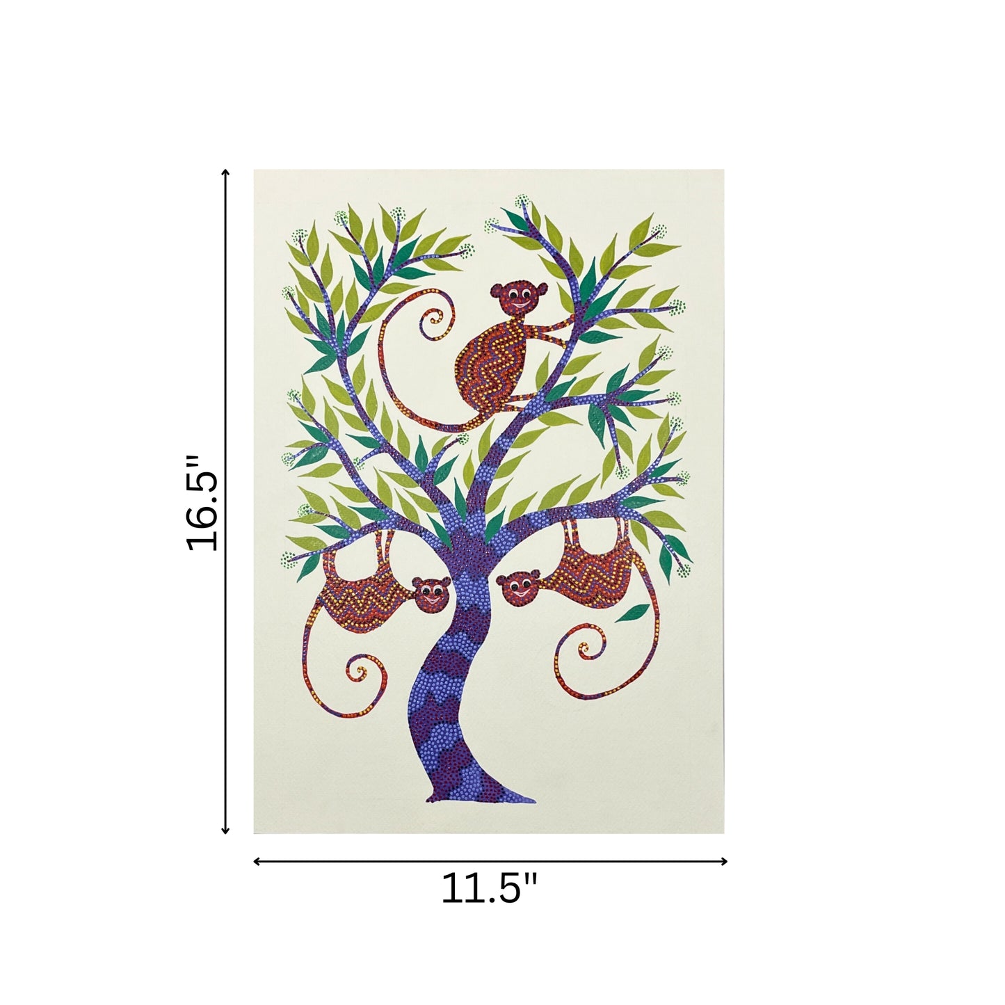 playful monkeys on blue tree - authentic hand-painted bhil art on paper (unframed)