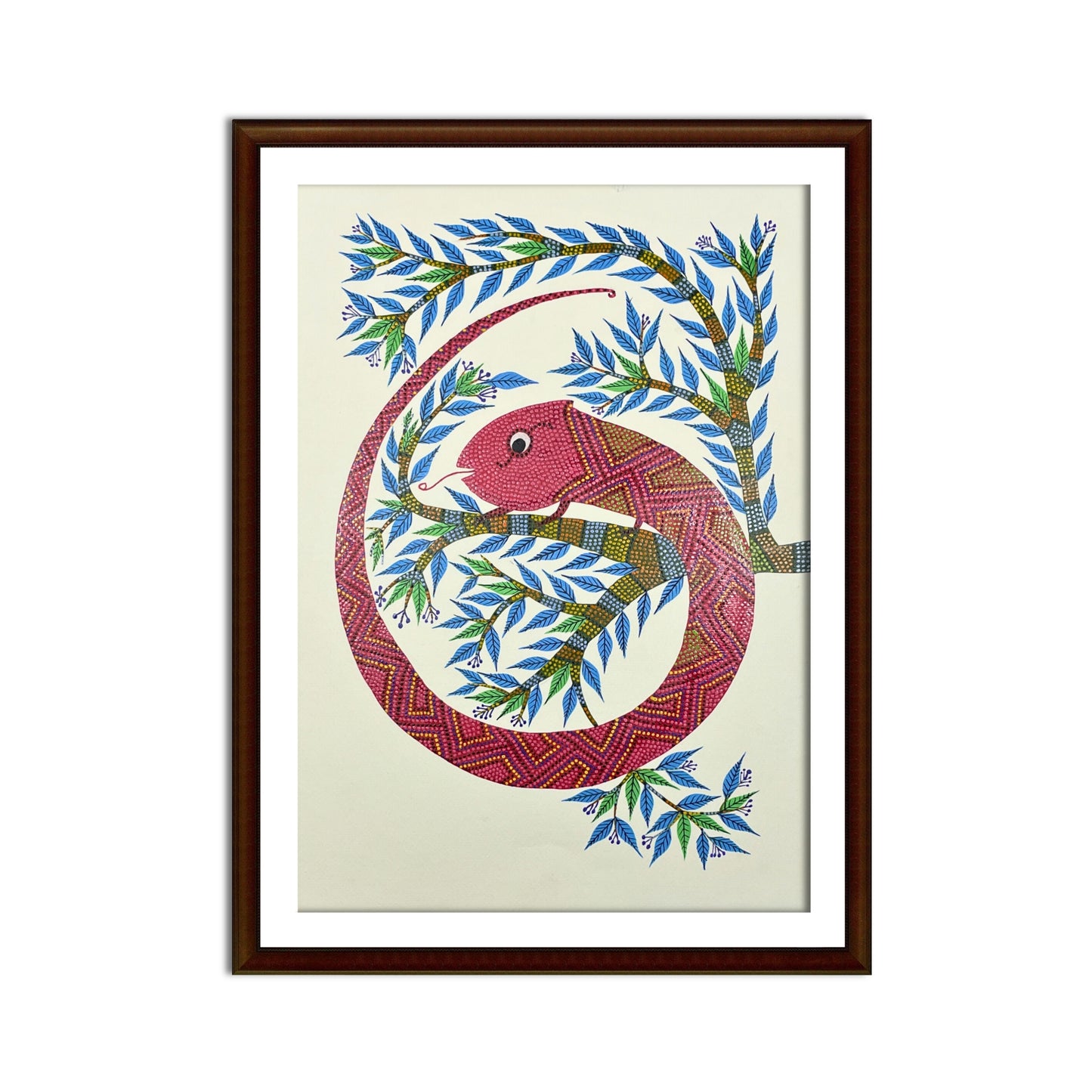 the crimson chameleon: hand-painted bhil tribal art (unframed)