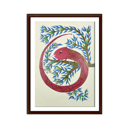 The Crimson Chameleon: Hand-Painted Bhil Tribal Art (Unframed)