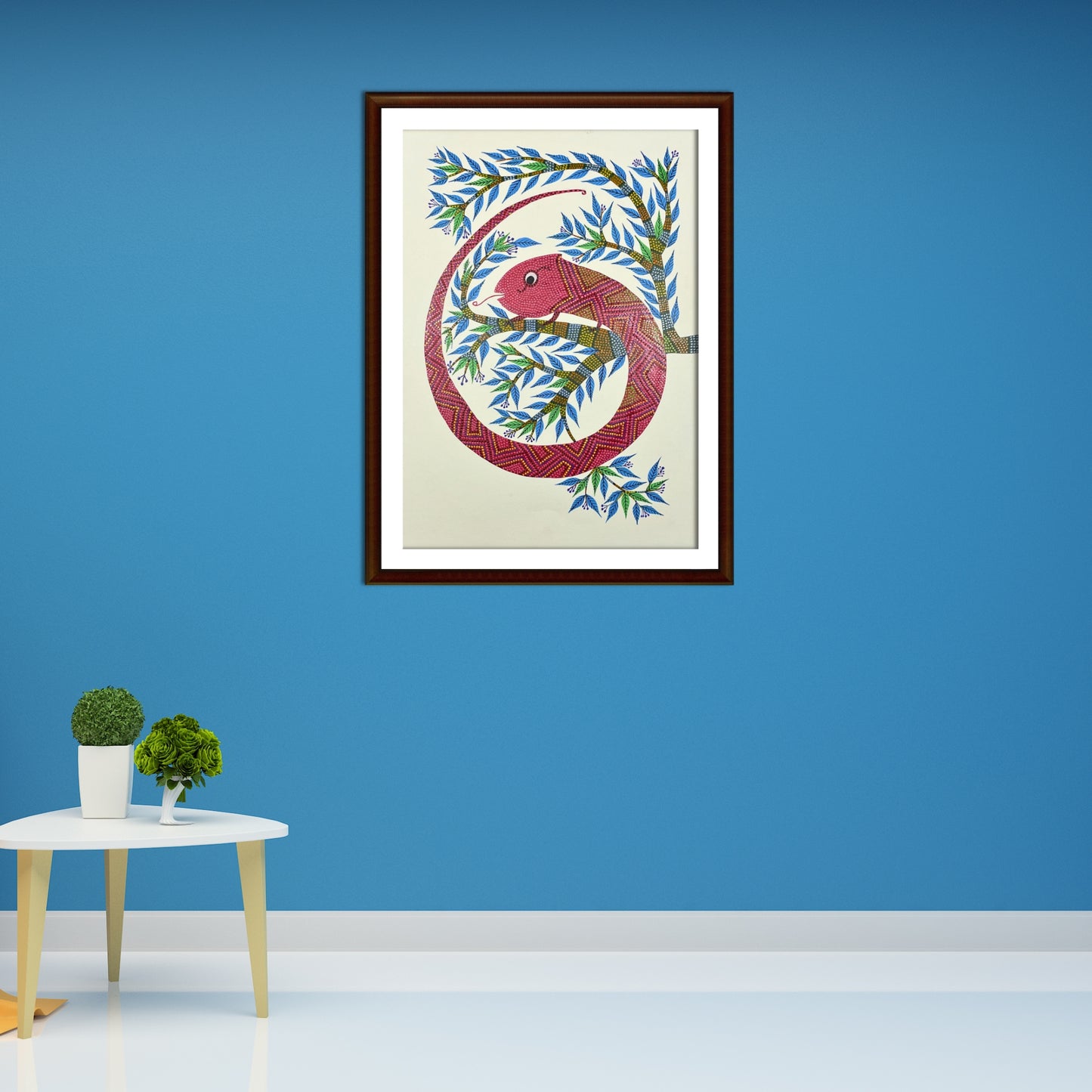 the crimson chameleon: hand-painted bhil tribal art (unframed)